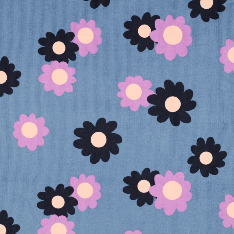Ribfluweel blauw met bloemen  -  Poppy meets Pommé